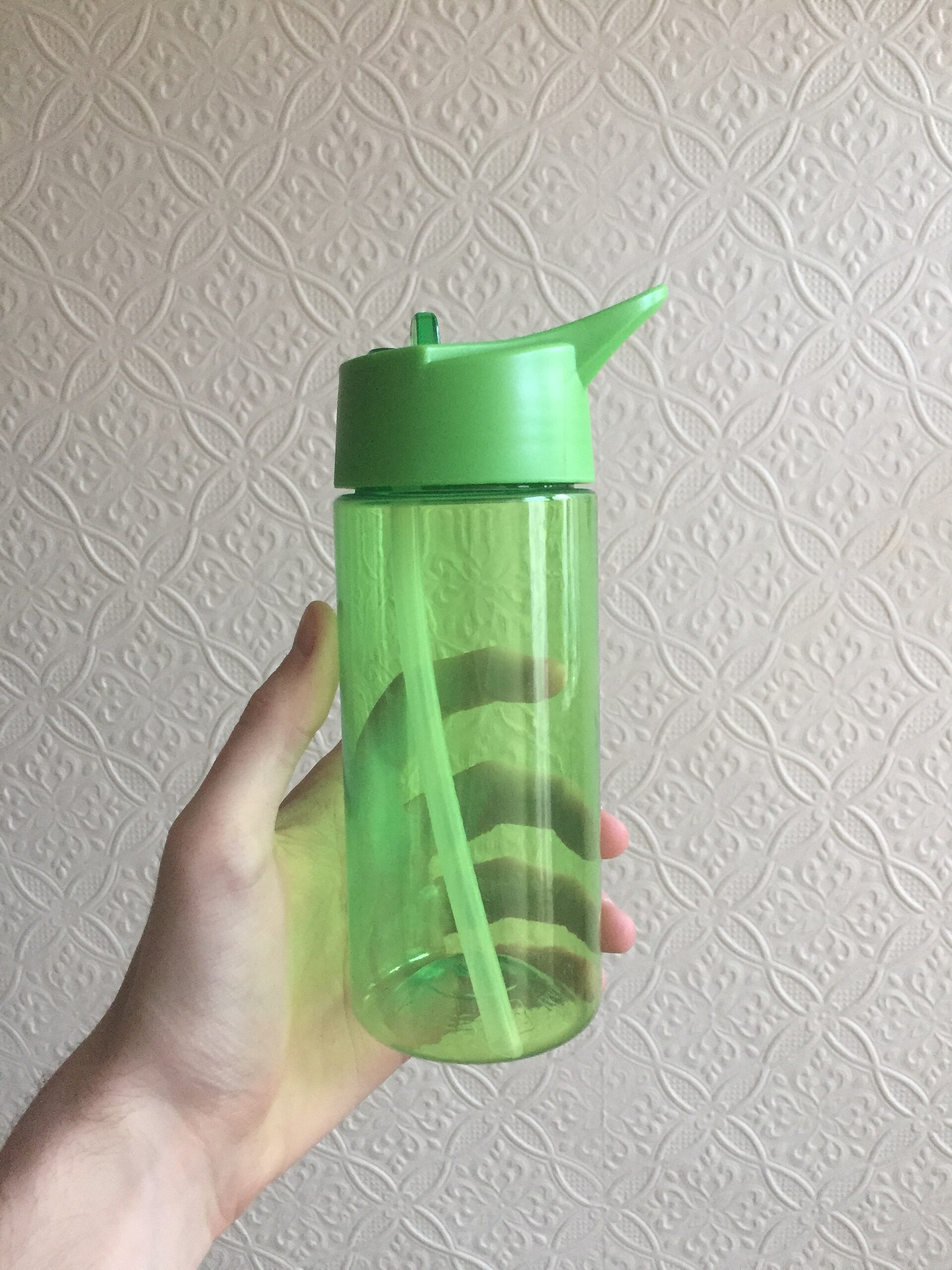 Several reusable water bottles lined up outdoors on a wooden surface