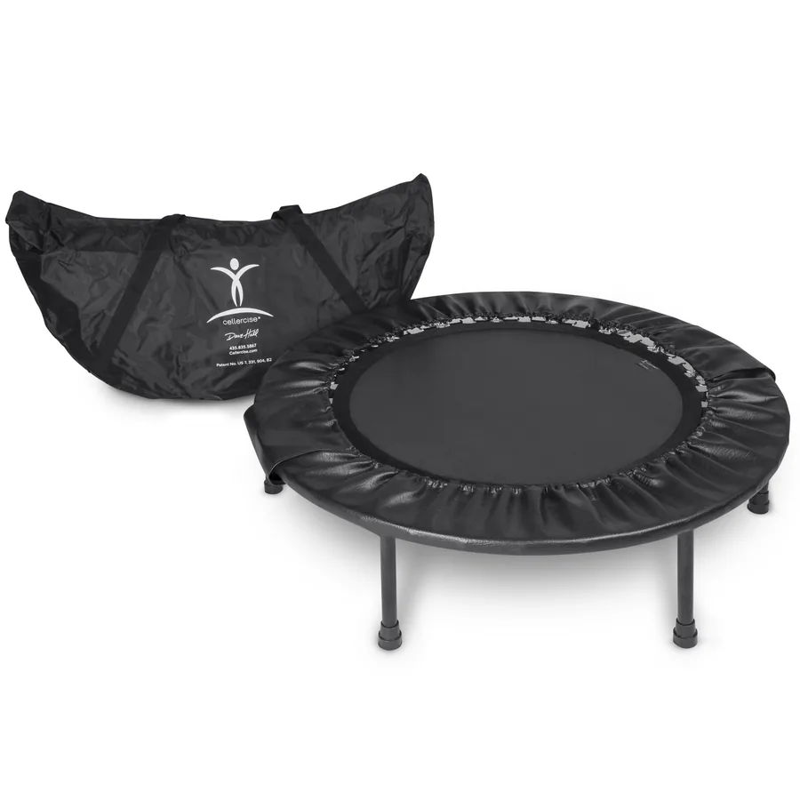 Cellerciser Bi-Fold rebounder set up beside its carrying case, shown without a balance bar