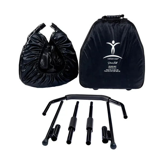 Cellerciser Tri-Fold Pro folded into thirds beside its carrying case and balance bar